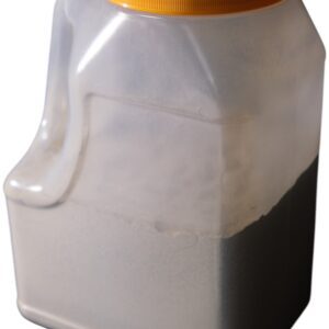 Plastic container filled with white powder, sealed with an orange lid.
