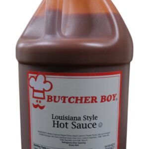 A bottle of Butcher Boy Louisiana Style Hot Sauce with a red cap.
