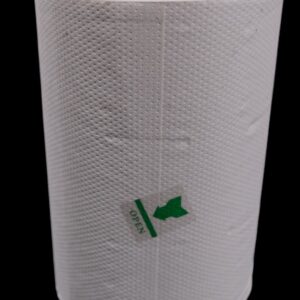 A roll of paper towels with a green recycling symbol.