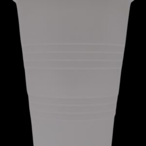 A close-up of a gray plastic cup on a black background.