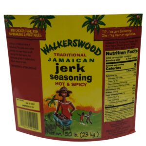 Walkerswood Authentic Jamaican Jerk Seasoning package with bold yellow and red design.