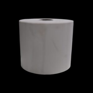 A single roll of white toilet paper on a black background.