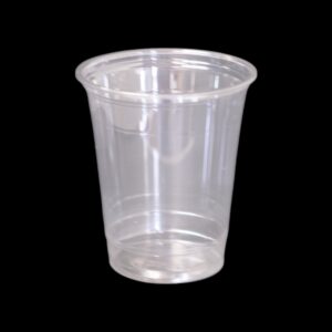 A clear plastic cup against a black background.