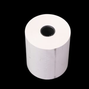 A white thermal paper roll against a black background.