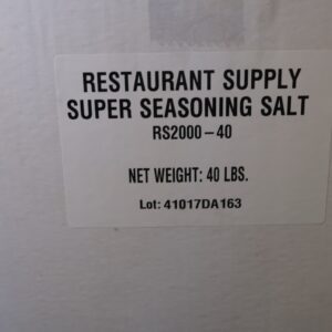 Box labeled 'Restaurant Supply Super Seasoning Salt' weighing 40 lbs.