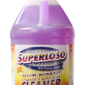 A gallon of Superioso multi-purpose cleaner with a purple liquid inside.