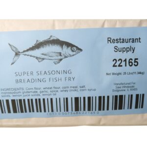 Label for super seasoning breading fish fry with barcode and restaurant supply number.