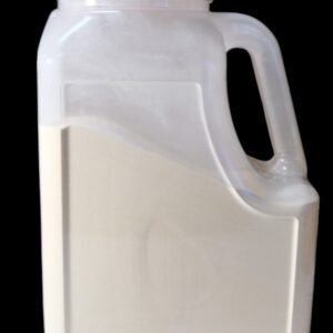A clear plastic jug filled with white liquid, likely milk.