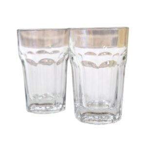Two clear glass tumblers with a textured pattern.