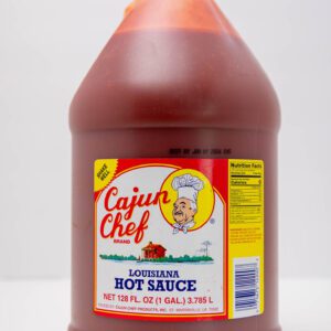 A jug of Cajun Chef hot sauce with a yellow label.