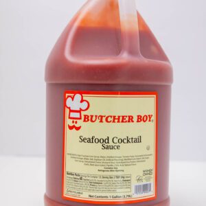 A large bottle of Butcher Boy Seafood Cocktail Sauce with a white label.