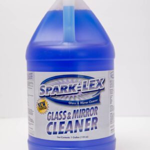 A gallon of Sparklex Glass & Mirror Cleaner with a blue liquid inside.