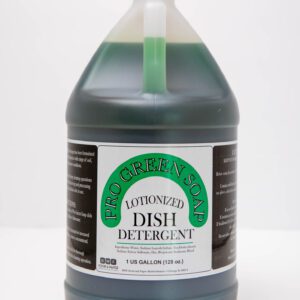 A green bottle of concentrated dish detergent with a black label.