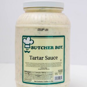 A jar of Butcher Boy Tartar Sauce with a white lid.