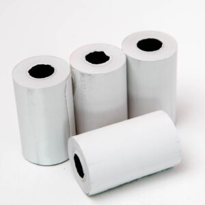 Four white thermal paper rolls for receipt printers.
