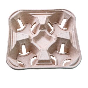 Cardboard tray for holding four beverage cups.