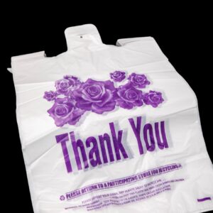 White plastic bag with purple roses and 'Thank You' text.