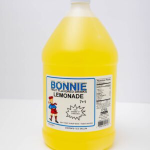 A gallon jug of Bonnie Lemonade with bright yellow liquid.