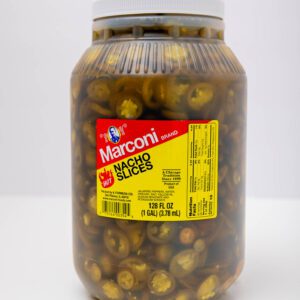 A jar of Marconi brand green olives with a yellow label.