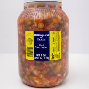 A large jar of DeGroot's Pickled Peppers displaying colorful mixed peppers.