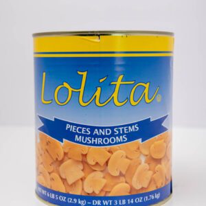 Can of Lolita brand pieces and stems mushrooms.