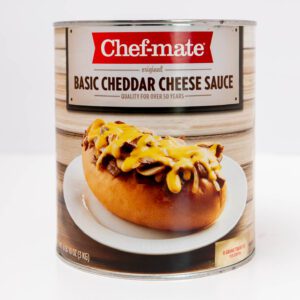 Can of Chef-mate Basic Cheddar Cheese Sauce with hot dog.