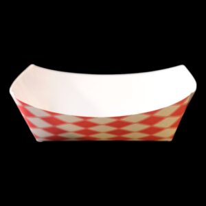 Empty red and white checkered paper food tray against black background.