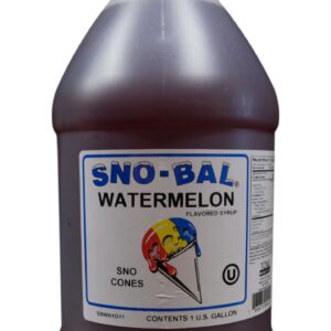 A bottle of Sno-Bal watermelon flavored syrup.