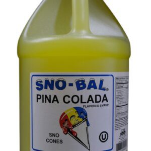 A gallon container of Sno-Bal Pina Colada flavored syrup.