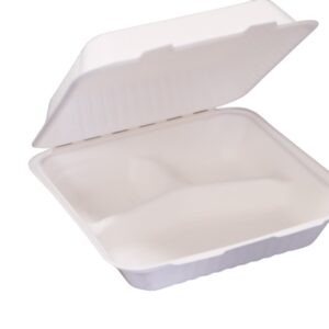 Open white foam food container with compartments.