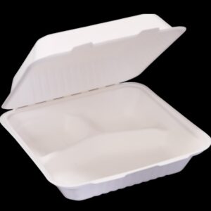 Open white foam food container against a black background.