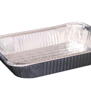 A rectangular disposable aluminum foil tray.