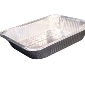 A rectangular aluminum foil food container with a clear plastic lid.