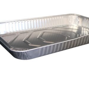Rectangular disposable aluminum foil tray with a shiny surface.