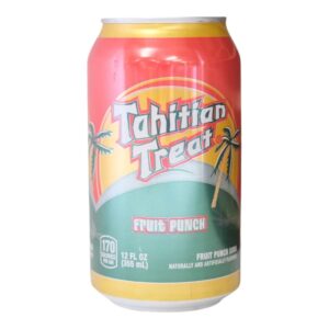 A can of Tahitian Treat Pink Punch soda with bright tropical colors.