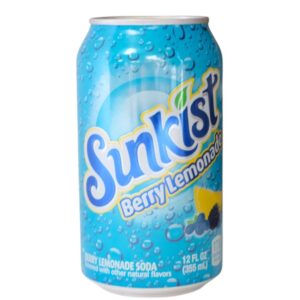 A can of Sunkist Berry Lemonade soda with a blue design.