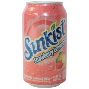 A can of Sunkist Strawberry Lemon soda with pink design.