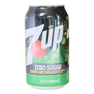 A can of 7UP Zero Sugar soda with lemon and lime flavor.