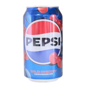 A blue Pepsi can with cherry graphics.