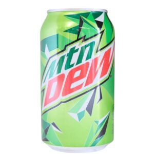 A can of Mountain Dew soda with vibrant green and silver design.