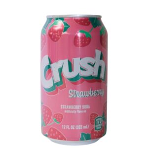 A pink can of Crush Strawberry soda with strawberry graphics.