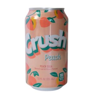 A can of Peach Crush soda with a peach-themed design.