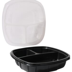Black plastic meal prep container with three compartments and a clear lid.
