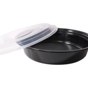 Black plastic food container with a clear lid.