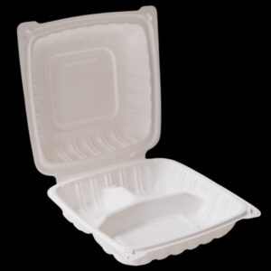 Open white biodegradable takeout food container on black background.
