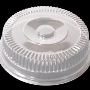 Clear plastic cake container with lid on black background.
