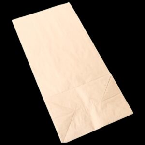 A plain, empty beige paper bag on a black background.