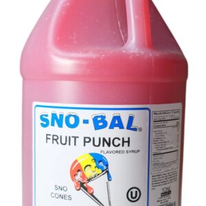 A pink Sno-Bal Fruit Punch syrup bottle with a colorful label.