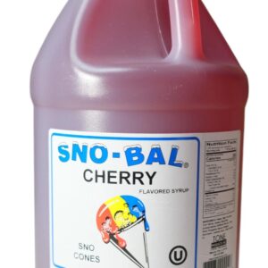 A large container of Sno-Bal cherry flavored syrup.