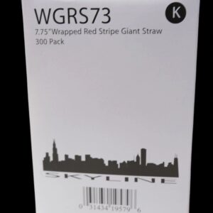 Product label for WGRS73 7/8" Wrapped Red Stripe Giant Straw with pack of 100.